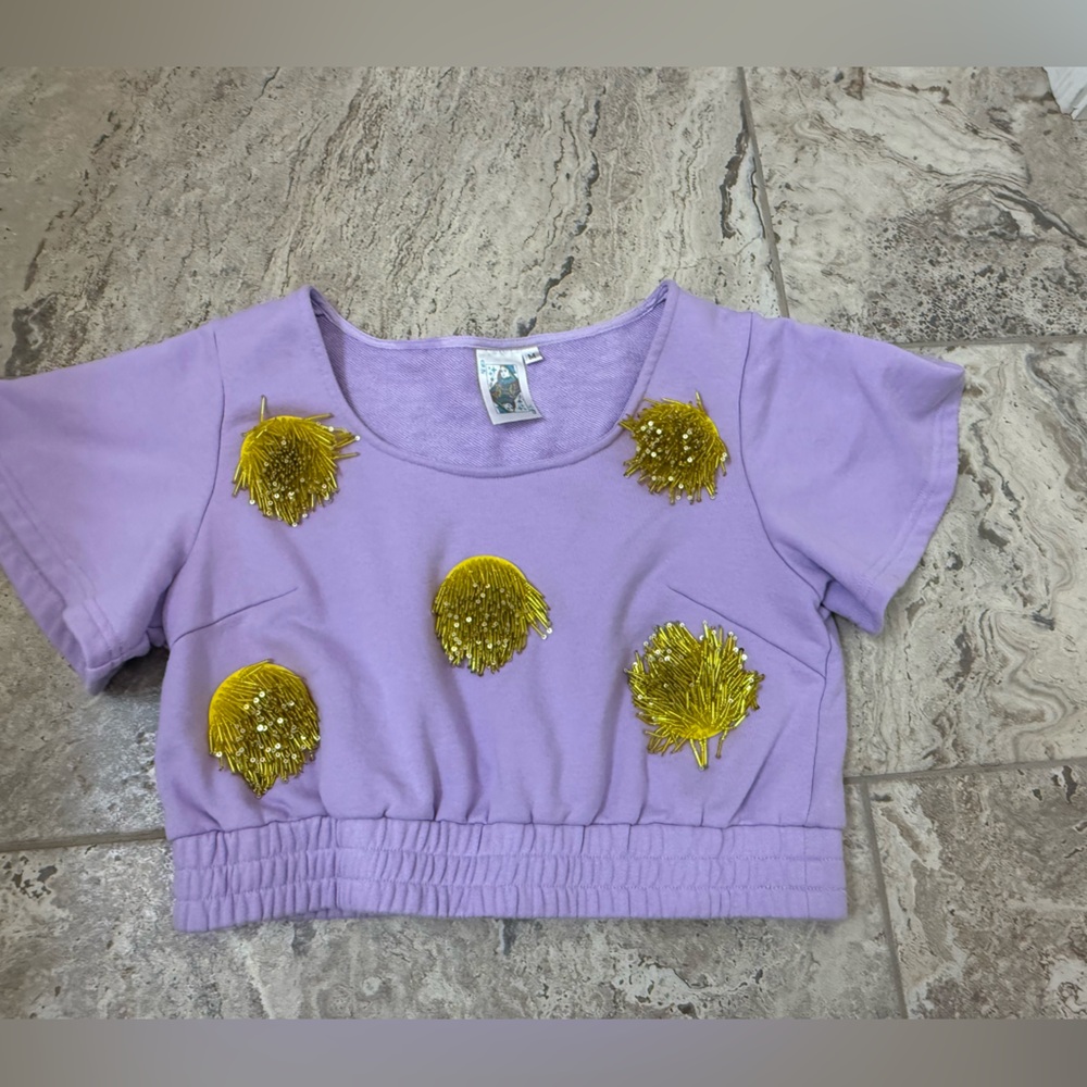 Like New Size Medium Queen of Sparkles Purple Crop Top w Sequin Embellishments